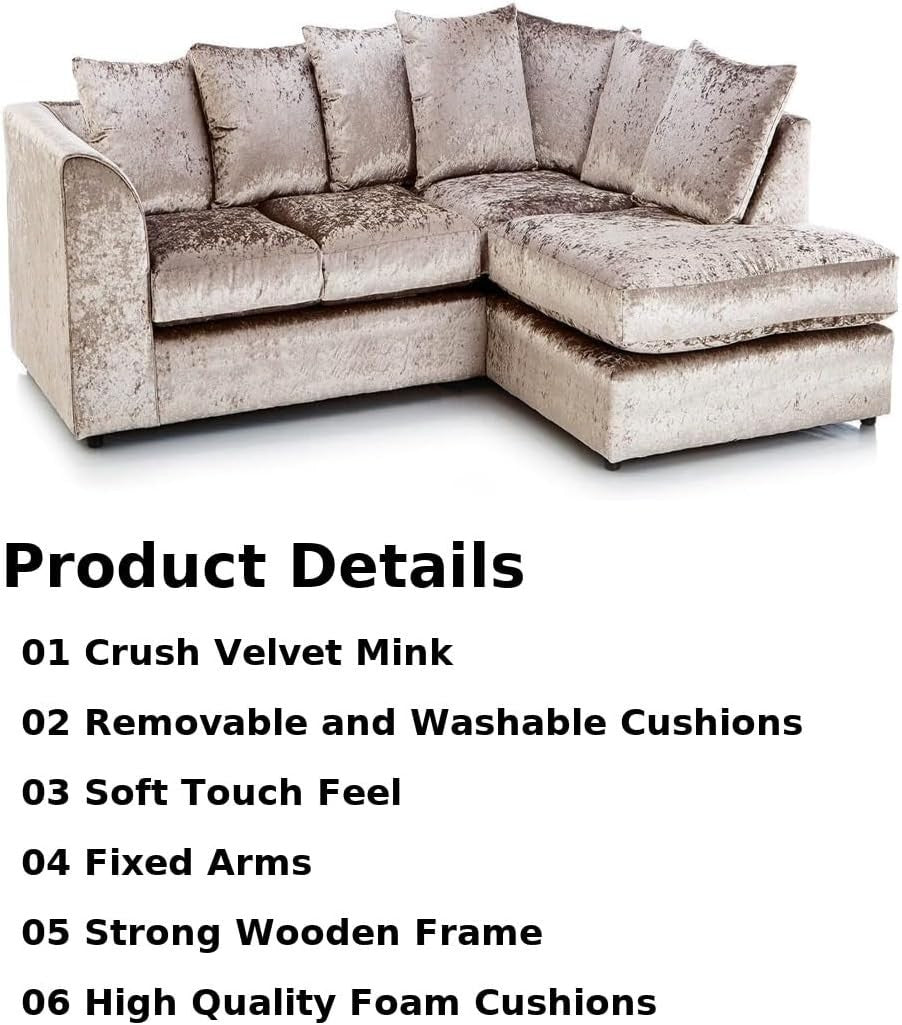 Mink Crushed Velvet Corner Sofa RH – Comfy 4 Seater L Shape Settee Couch