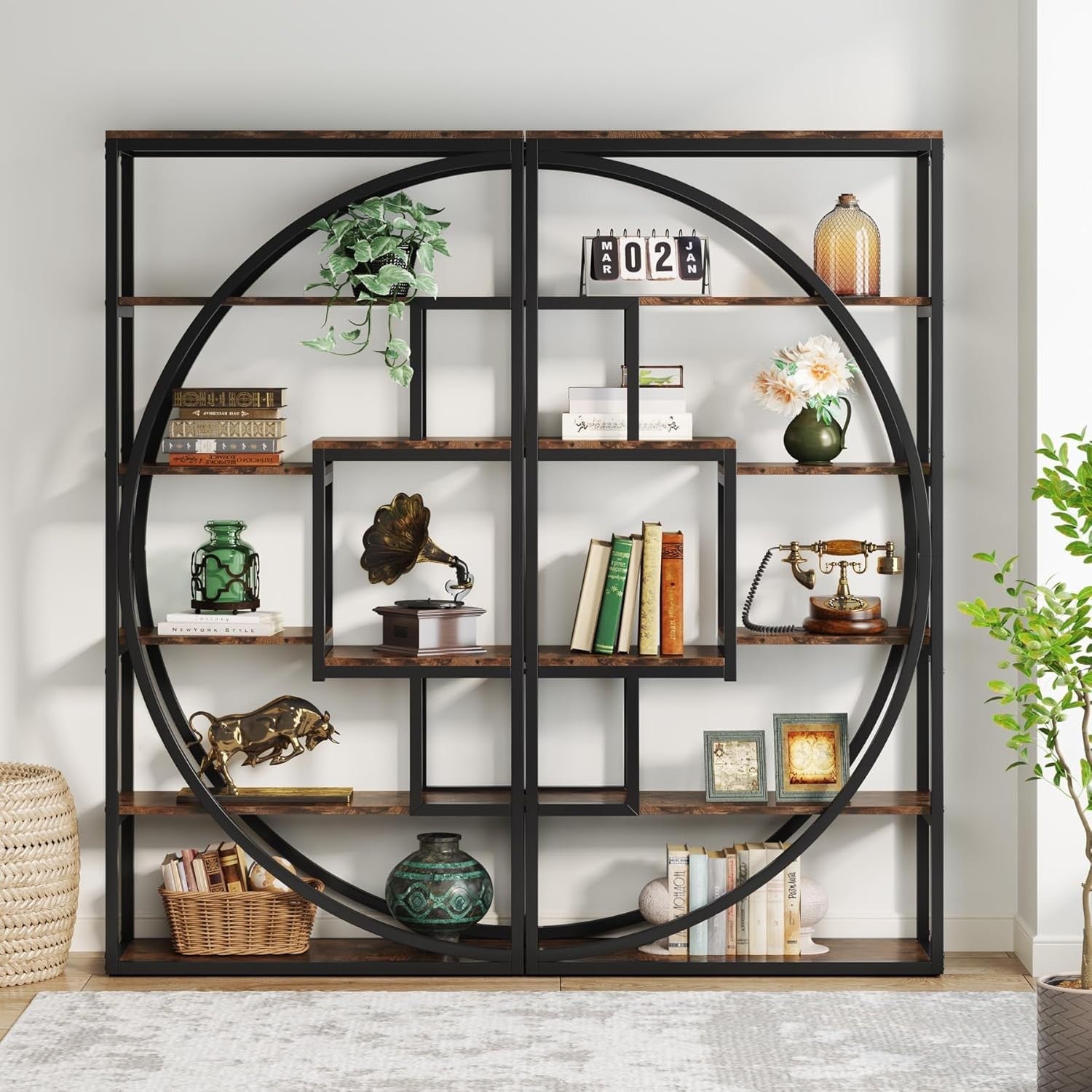 Pair of Tall Industrial 5-Tier Bookshelves with 8 Open Shelves – Vintage Brown/B