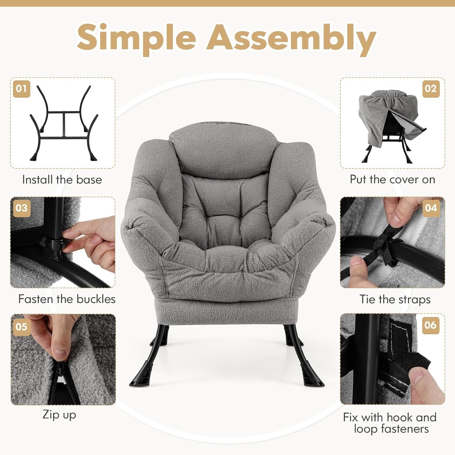 Grey Sherpa Armchair Comfy Reading Chair Lounge Sofa w/ Side Pocket