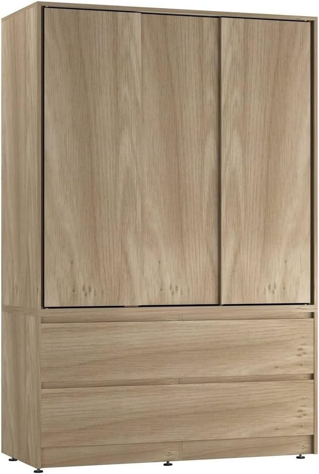 Oak Sliding Door Wardrobe with 4 Drawers & Hanging Rail – Space Saving