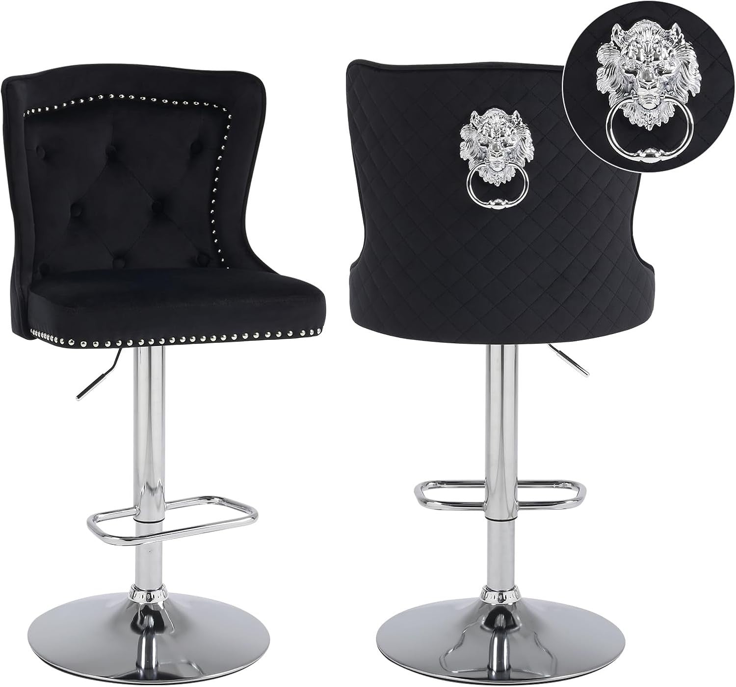 2 Black Velvet Lion Knocker Bar Stools Adjustable 360° Swivel Kitchen Chairs