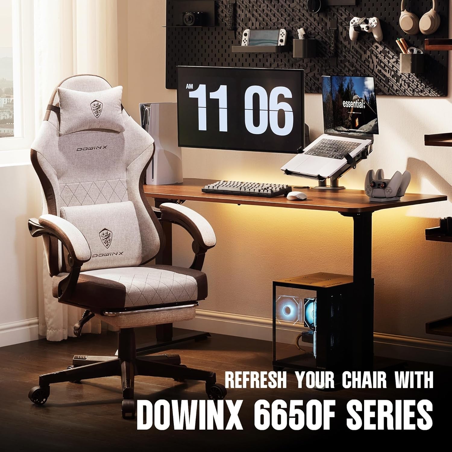 Ergonomic Gaming Chair w/ Footrest Massage Pocket Spring Brown