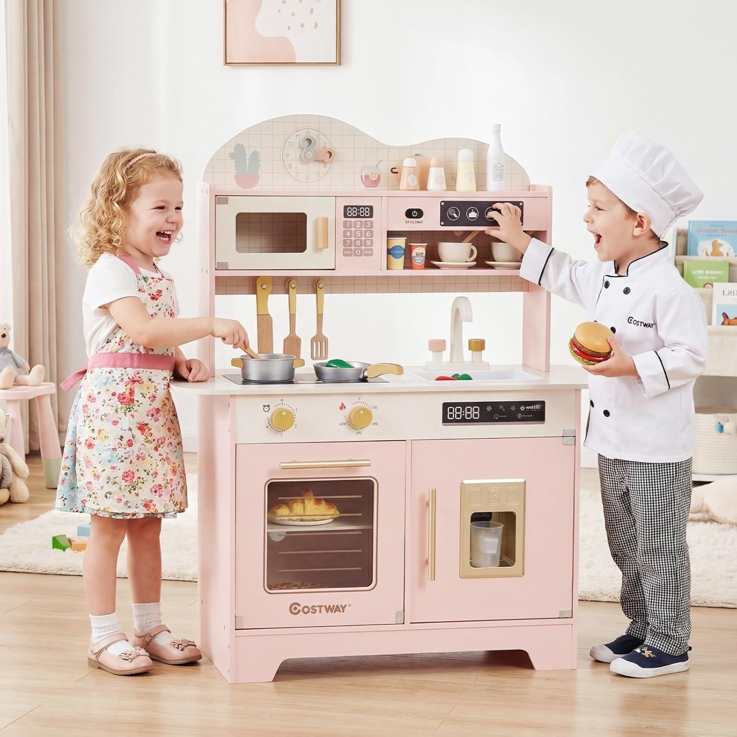 Wooden Kids Play Kitchen Pink Coffee Maker Oven 17PCS Accessories