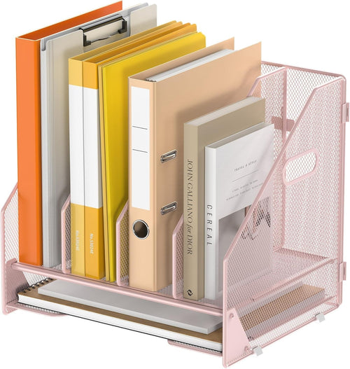 Desk File Organizer with 4 Adjustable Vertical Compartments & Letter Tray – Pink