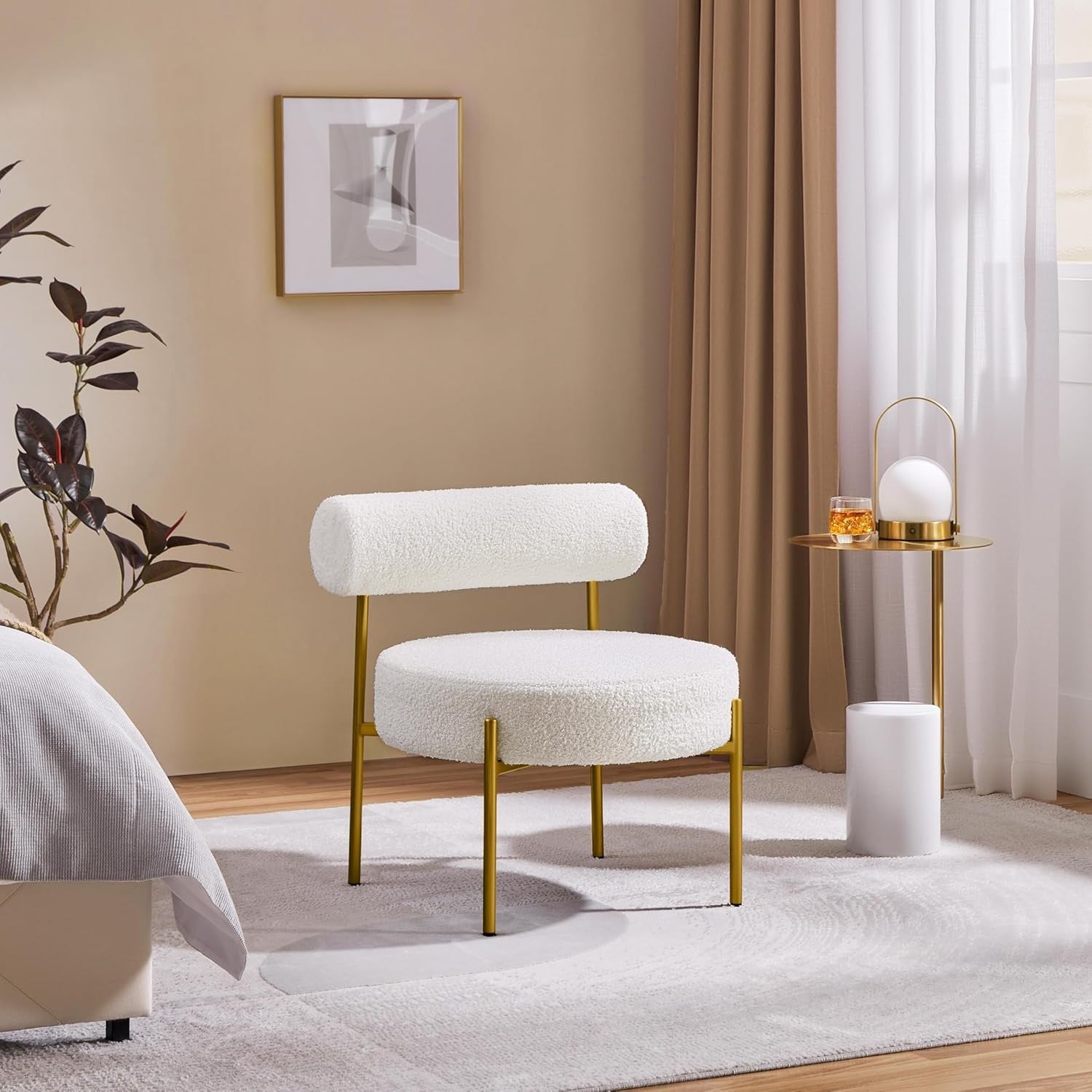 Boucle Tub Chair White Tufted Accent Armchair Gold Legs