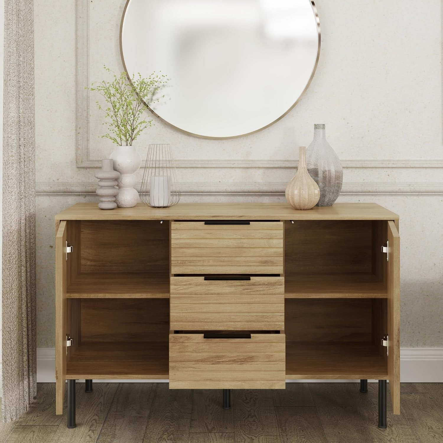 Oak Sideboard Cabinet with 2 Doors 3 Drawers Modern Storage for Living Room
