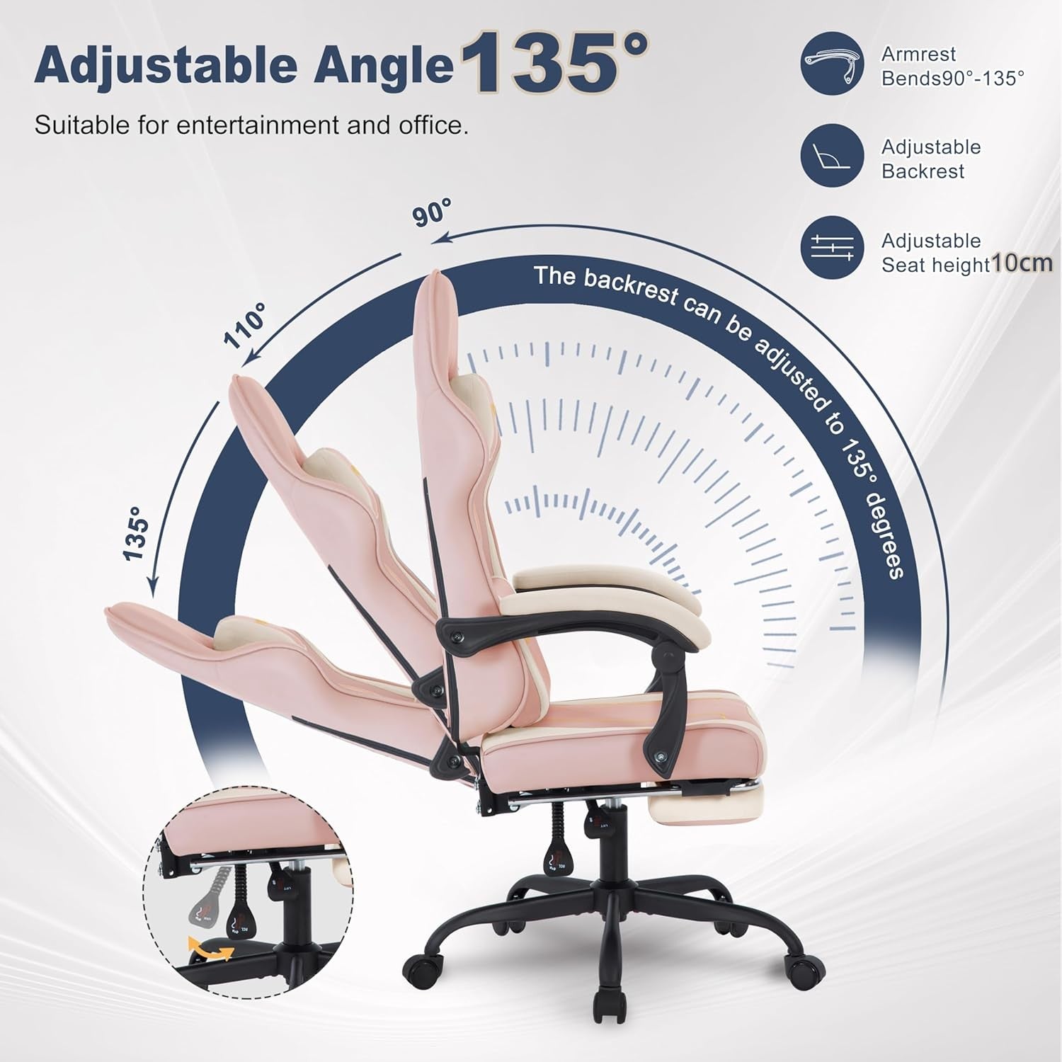 Ergonomic Gaming Chair Recliner w/ Footrest Lumbar PU Leather Pink
