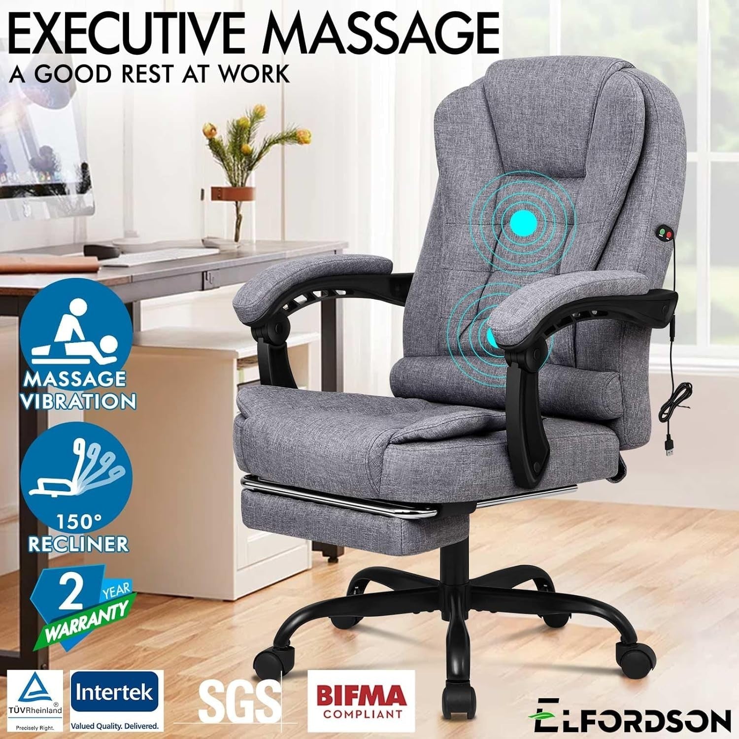 Grey Massage Office Chair Recliner Footrest Ergonomic Swivel Linen Fabric