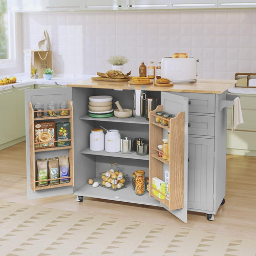 Grey Kitchen Island on Wheels with Extendable Rubberwood Top & Storage