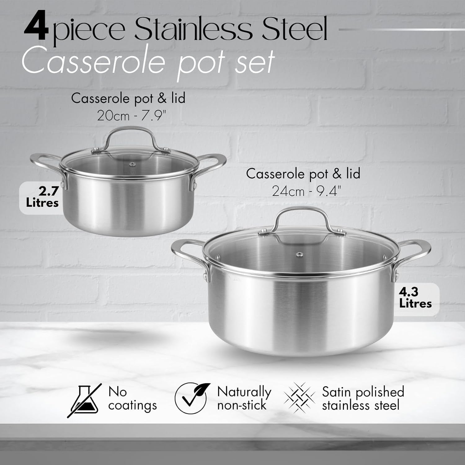 4pcs Stainless Steel Induction Casserole Set Non Stick Pots with Glass Lids