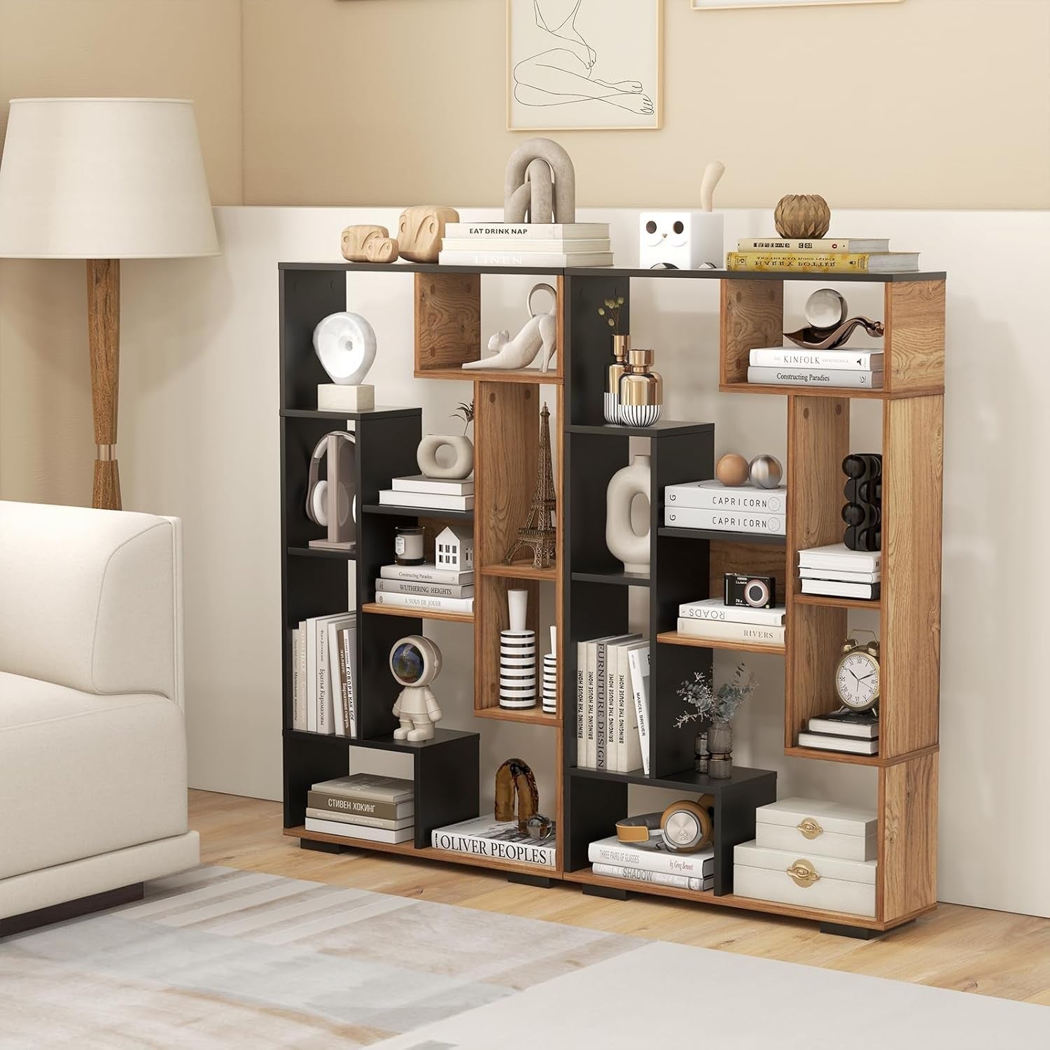 11-Cube Geometric Bookcase Black Natural | Modern Freestanding Display Storage