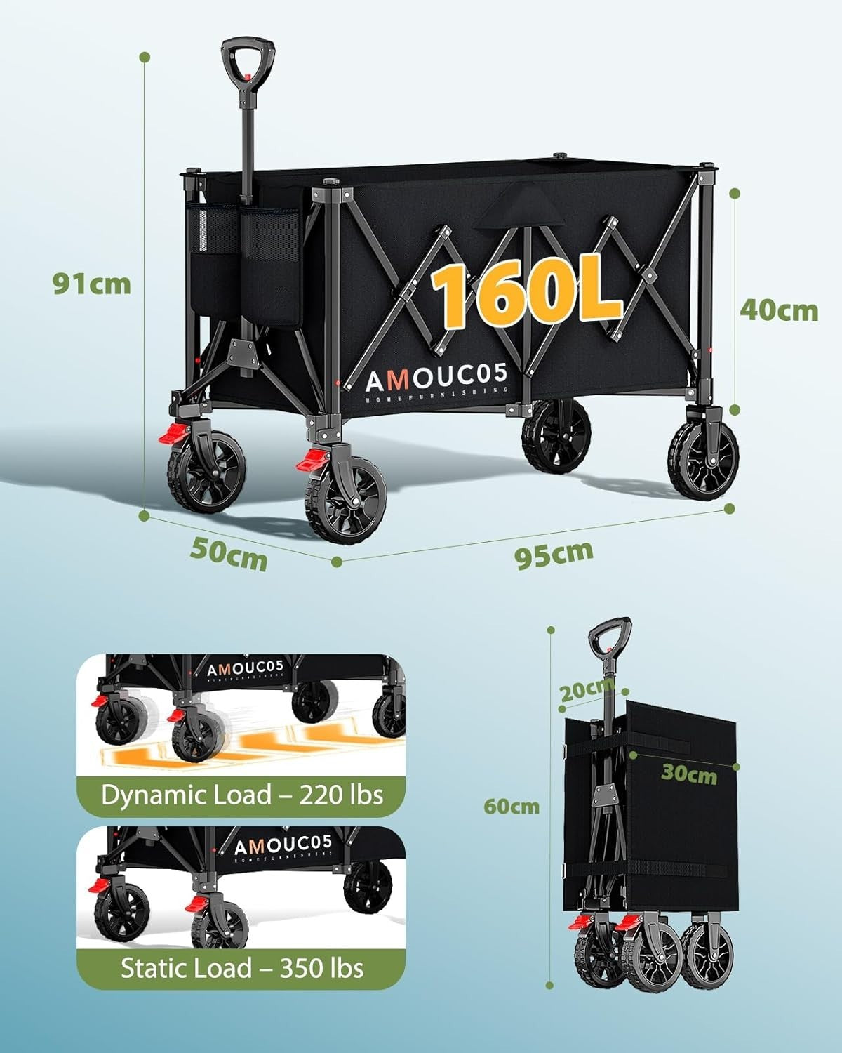Black Heavy Duty 160L Folding Festival Trolley 360° Wheels Brakes 150kg Cart