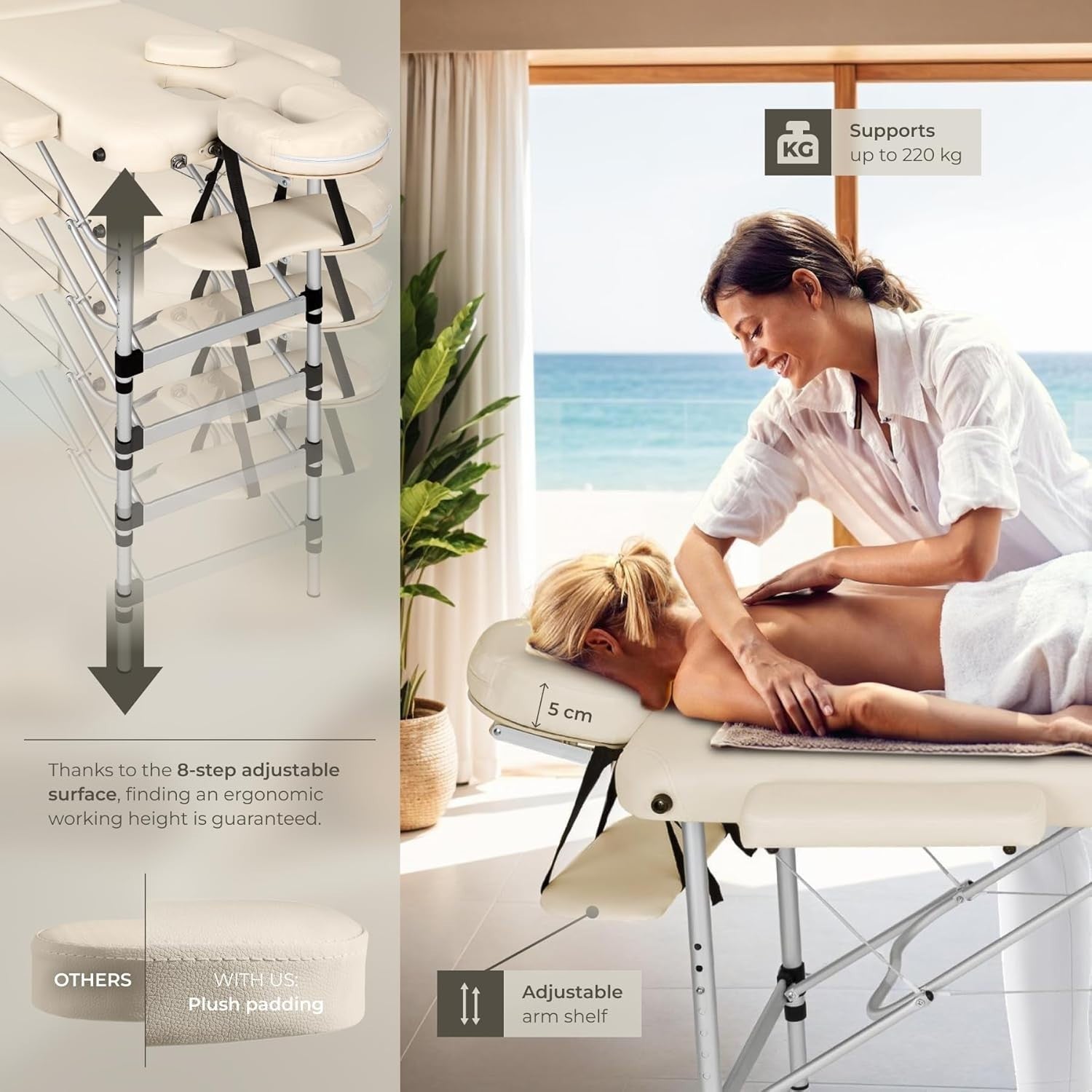 Portable Massage Table Foldable Height Adjustable Aluminium Bed + Bag Beige