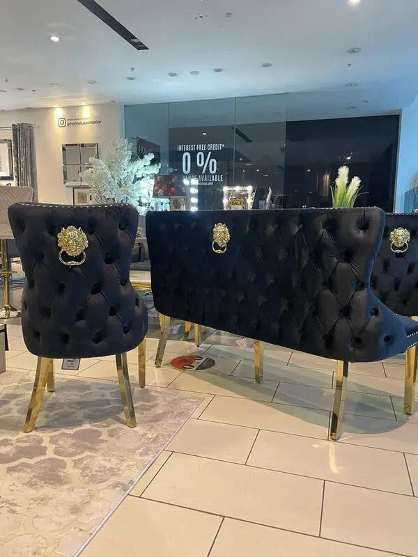 Black Velvet Dining Bench Gold Legs Lion Knocker Tufted Backrest Seat