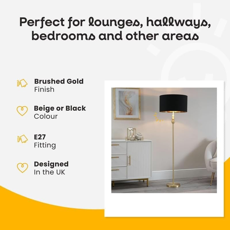 Gold Floor Lamp with Beige Shade – Tall Modern Light + LED Bulb Included