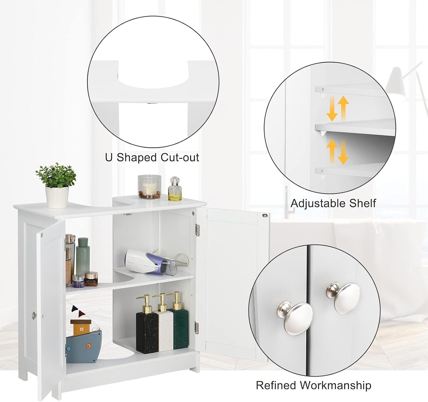 White Under Sink Bathroom Cabinet with Shelves Double Door Storage Unit