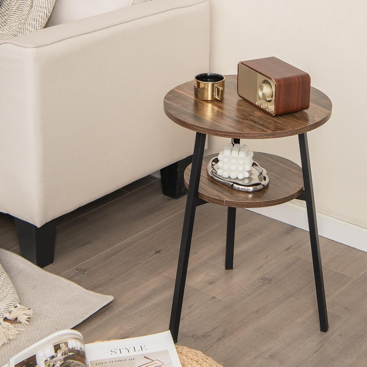 Round Industrial Side Table with Storage Shelf, Slim 2-Tier Coffee Nightstand