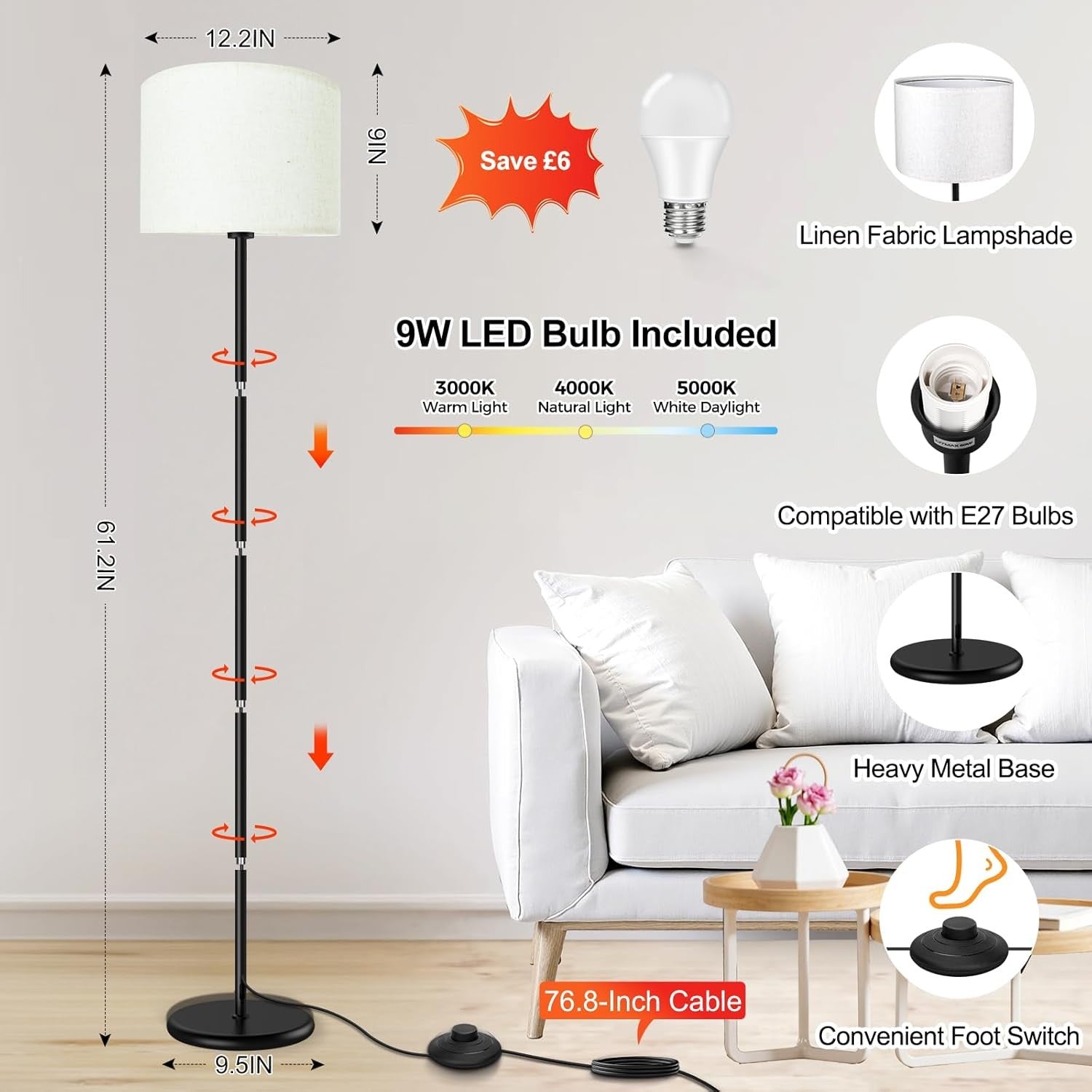 LED Floor Lamp 62in Tall Beige Shade 3 Color Dimmable Standing Light Bulb