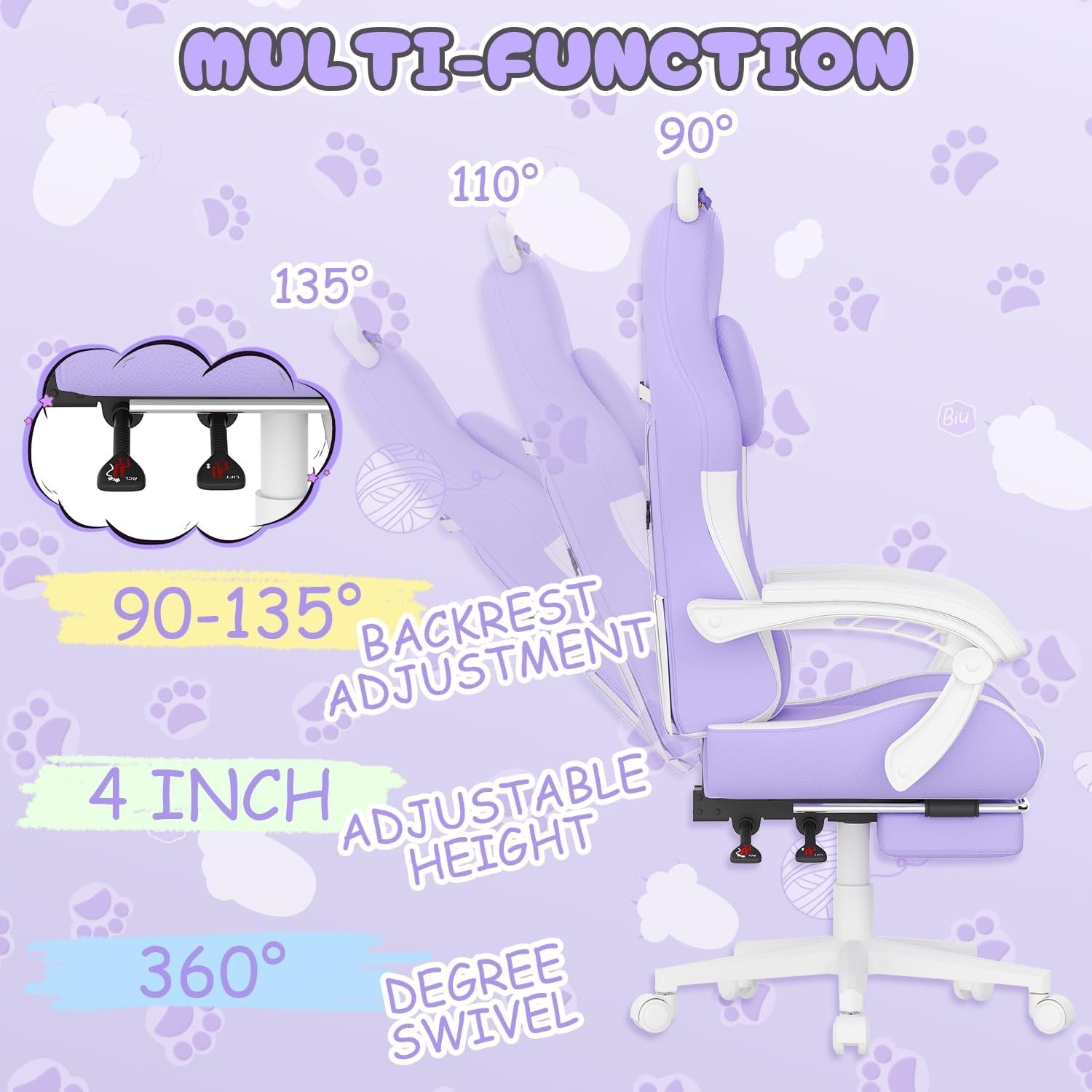 Gaming Chair with Cat Ears Reclining Massage Lumbar Purple White
