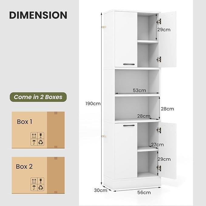 Tall White Kitchen Storage Cabinet 4 Door Freestanding Cupboard with Open Shelve