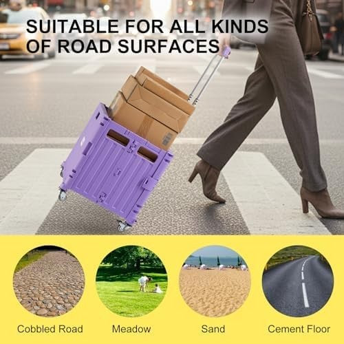 Folding Utility Cart Rolling Crate Trolley Lid Basket 360° Wheels Purple