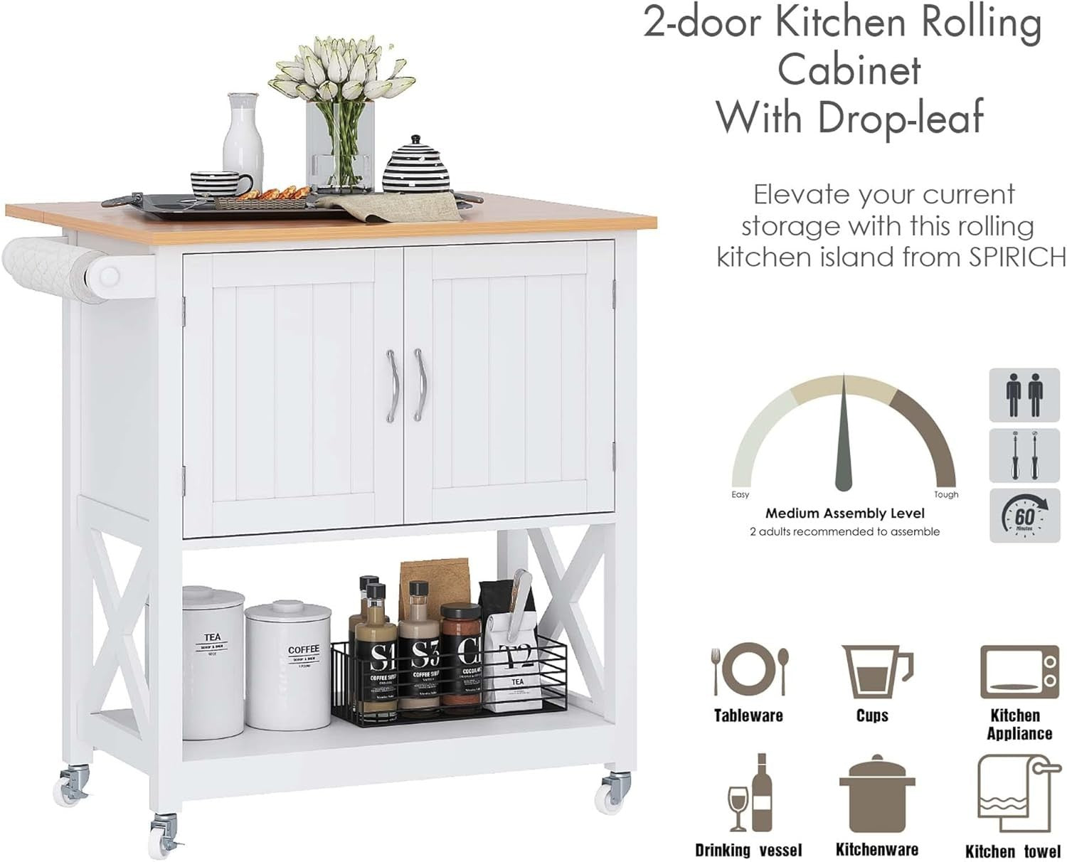 Rolling Kitchen Island Cart with Drop Leaf, Storage Cabinet & Towel Rack, White