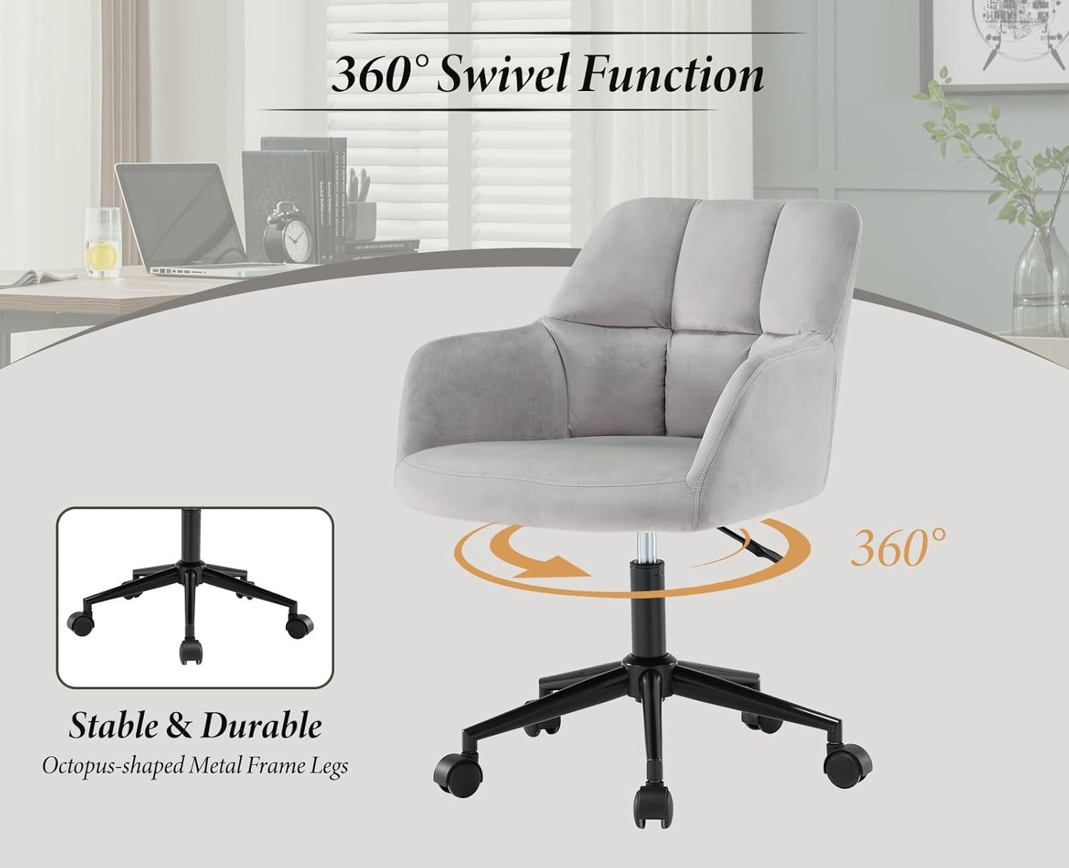 Swivel Office Chair Grey Velvet Desk Chair Modern Grid Back Home Study Seating