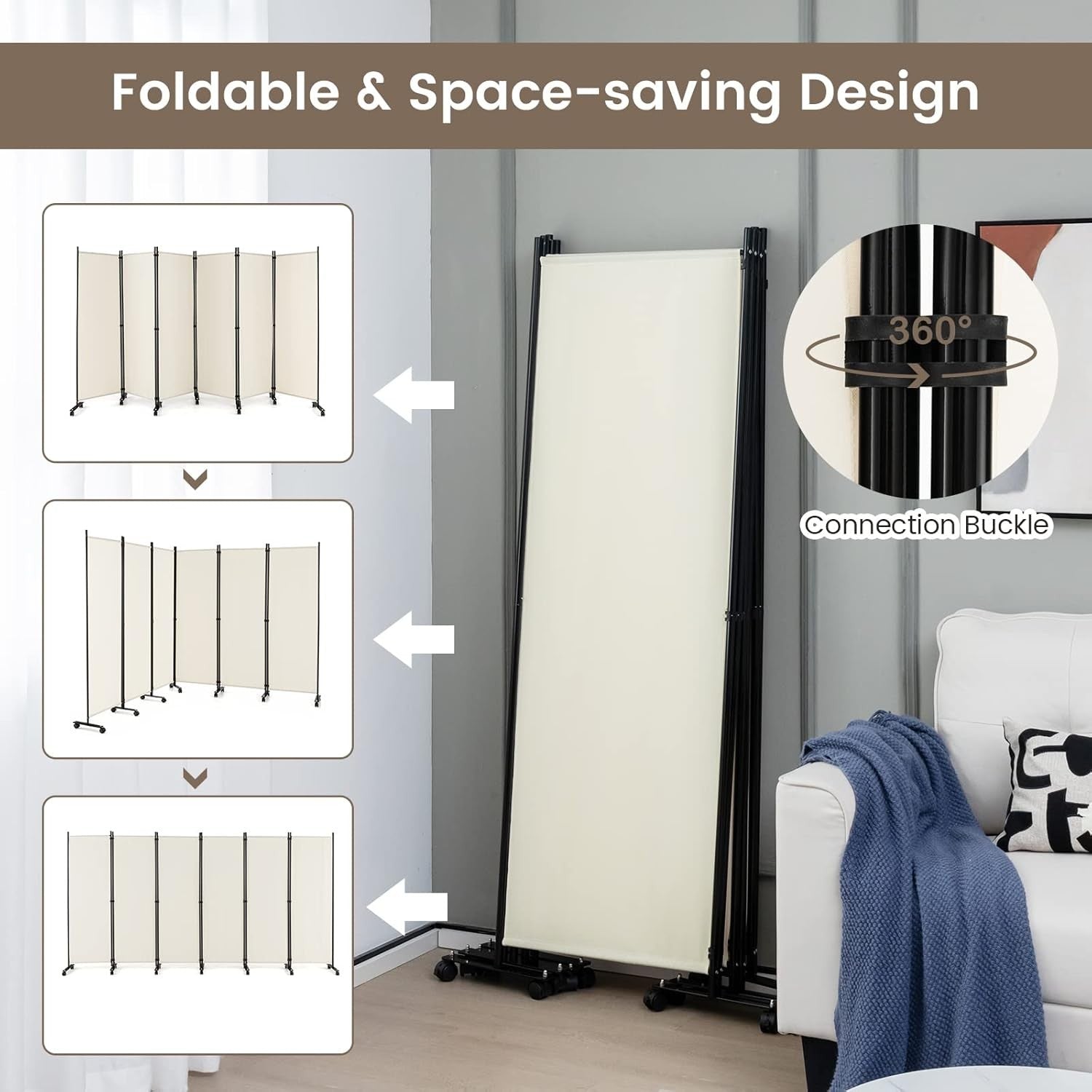 6 Panel White Folding Room Divider Privacy Screen Metal Frame 335x172cm