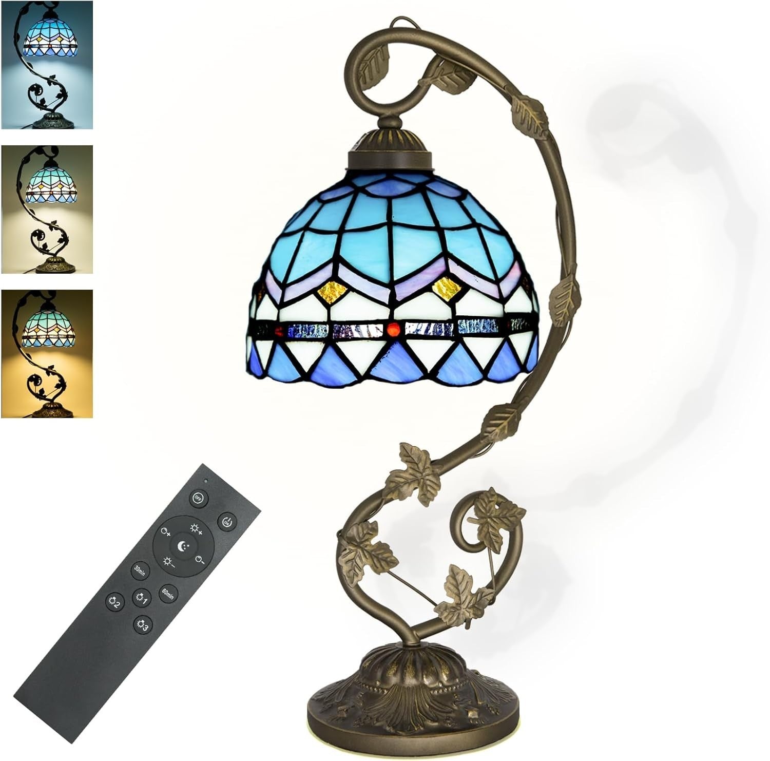 Stained Glass Table Lamp LED Remote Dimming 3 Color Modes for Bedroom