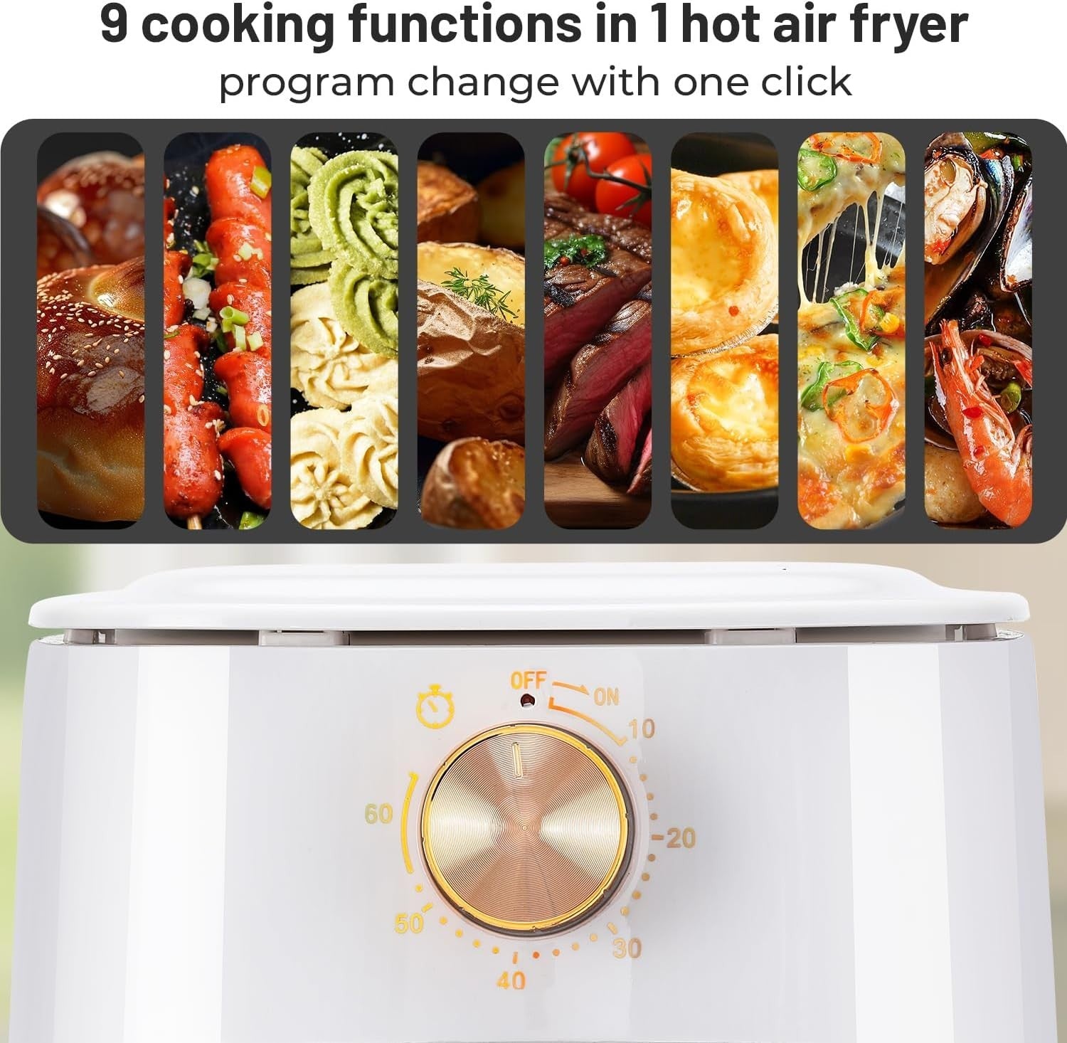4L Air Fryer 1800W Rapid Air 60min Timer 200°C 9in1 Knob White