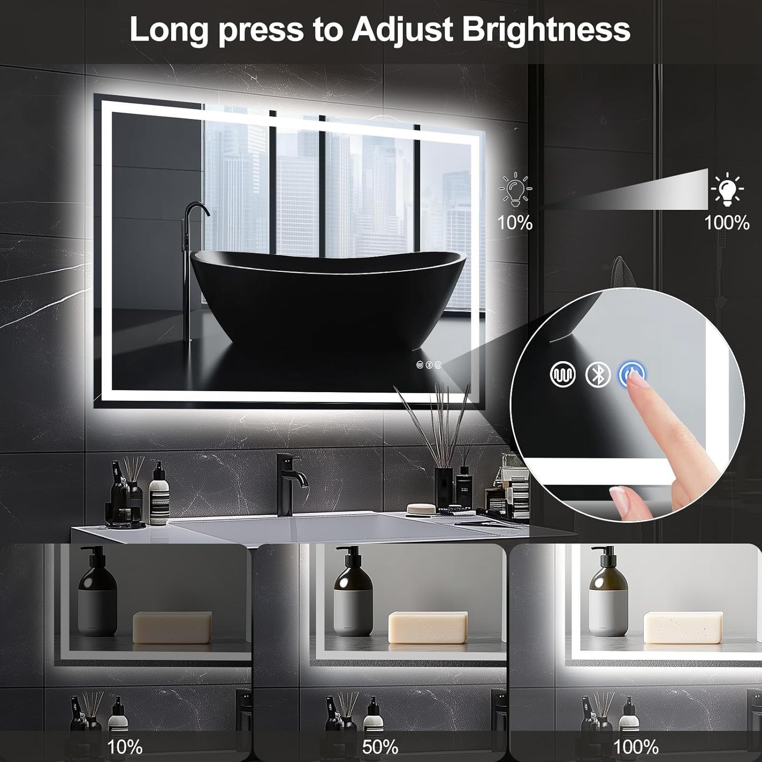 LED Bathroom Mirror 100x70cm Bluetooth Anti-Fog Lighted Touch IP54
