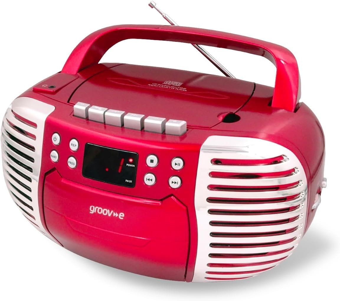 Retro Boombox CD & Cassette Player with Radio, Aux & Headphones – Red