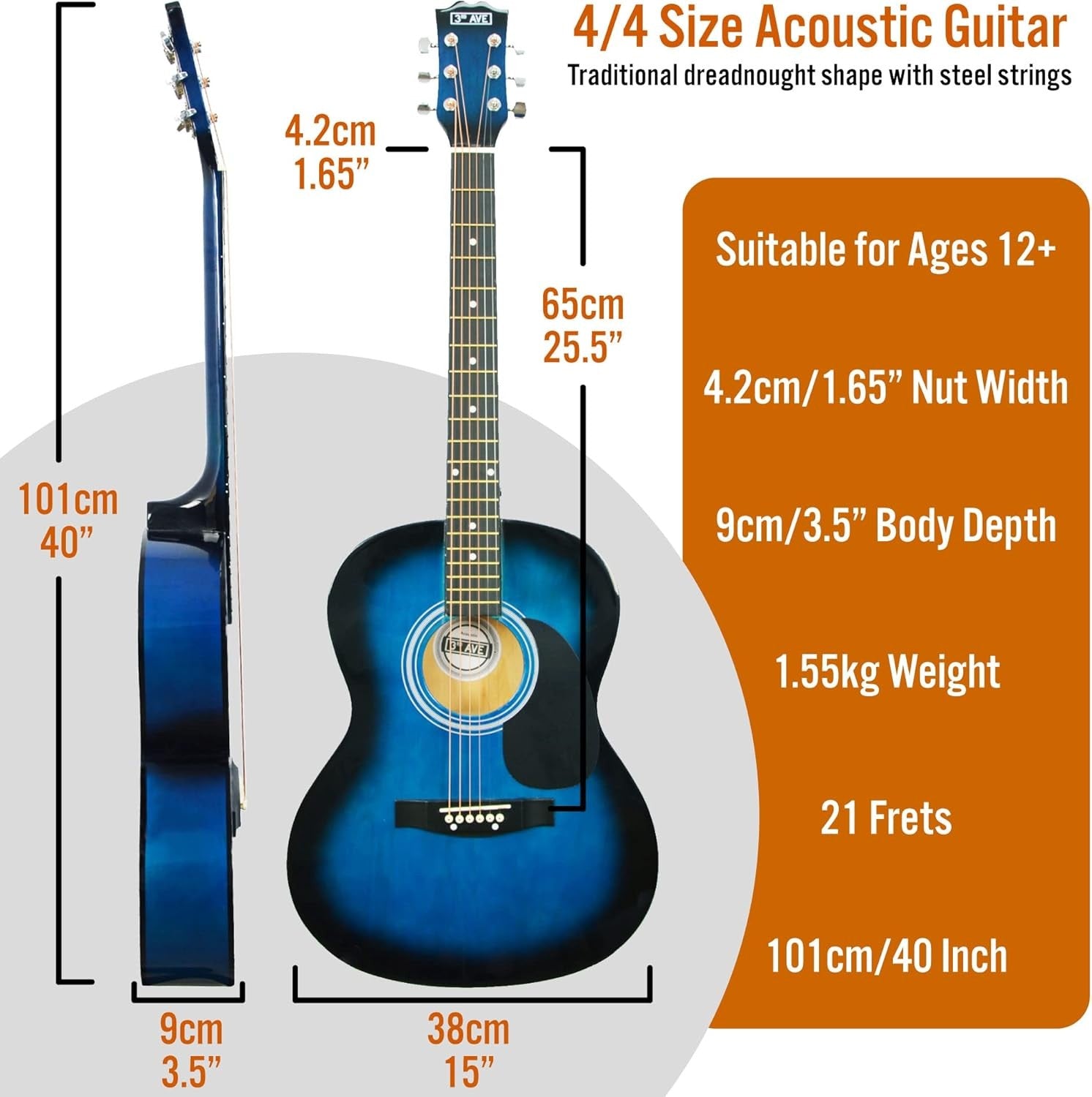 Full Size 4/4 Acoustic Guitar Starter Pack Blue w Stand & Lessons