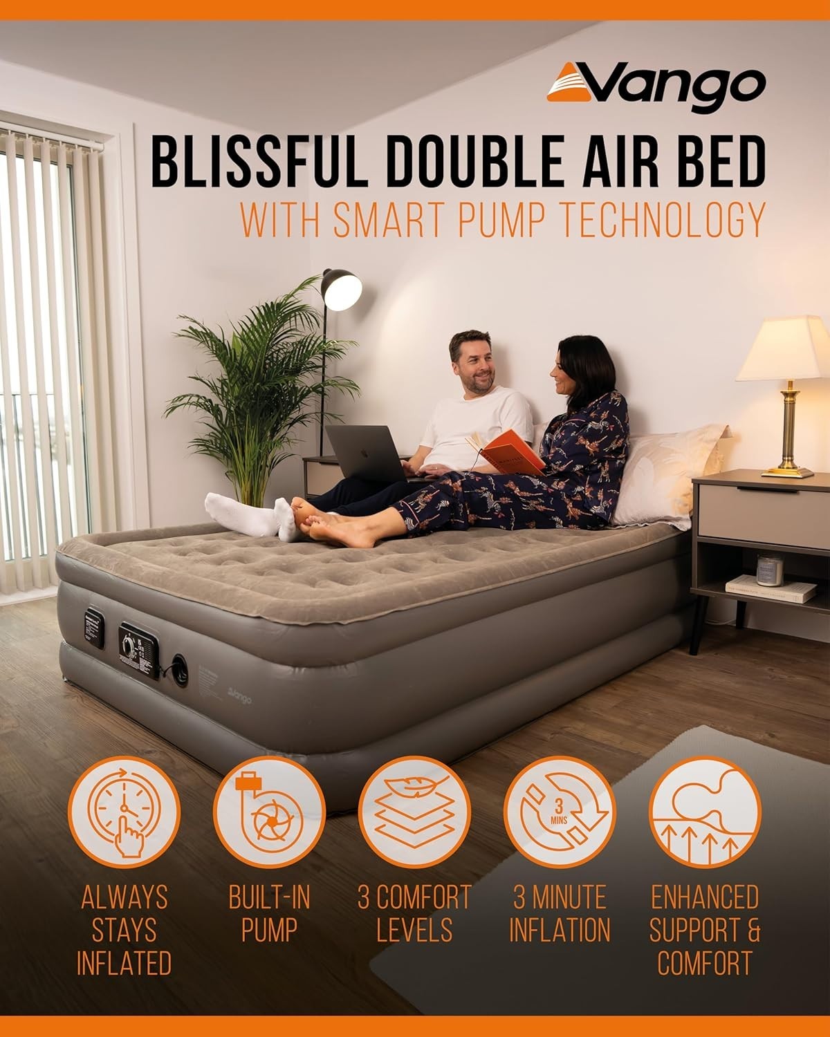 Double Airbed Electric Pump Silent Auto Top Up Flocked 3 Comfort