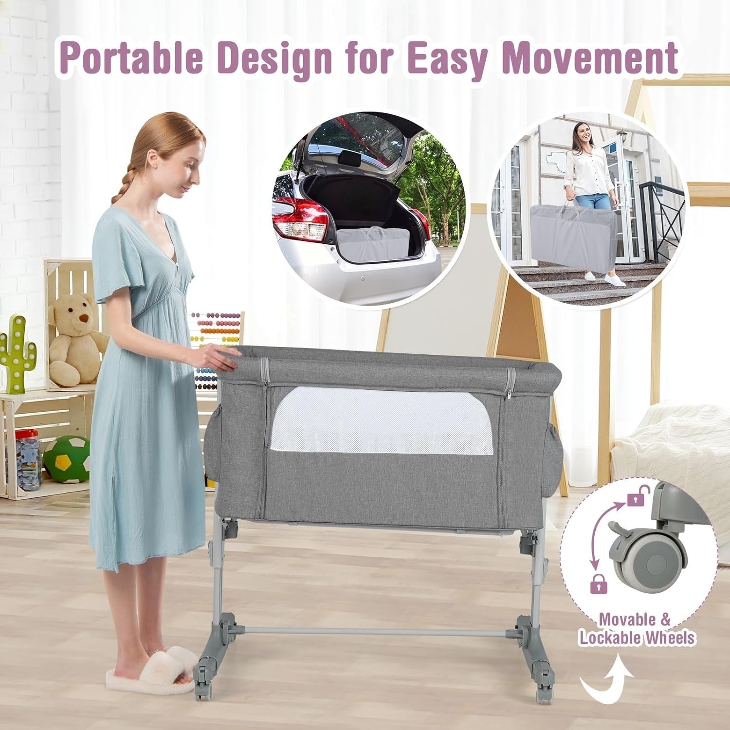 3in1 Baby Bassinet Bedside Crib Co-Sleeper Cot with Mattress & Wheels Light Grey