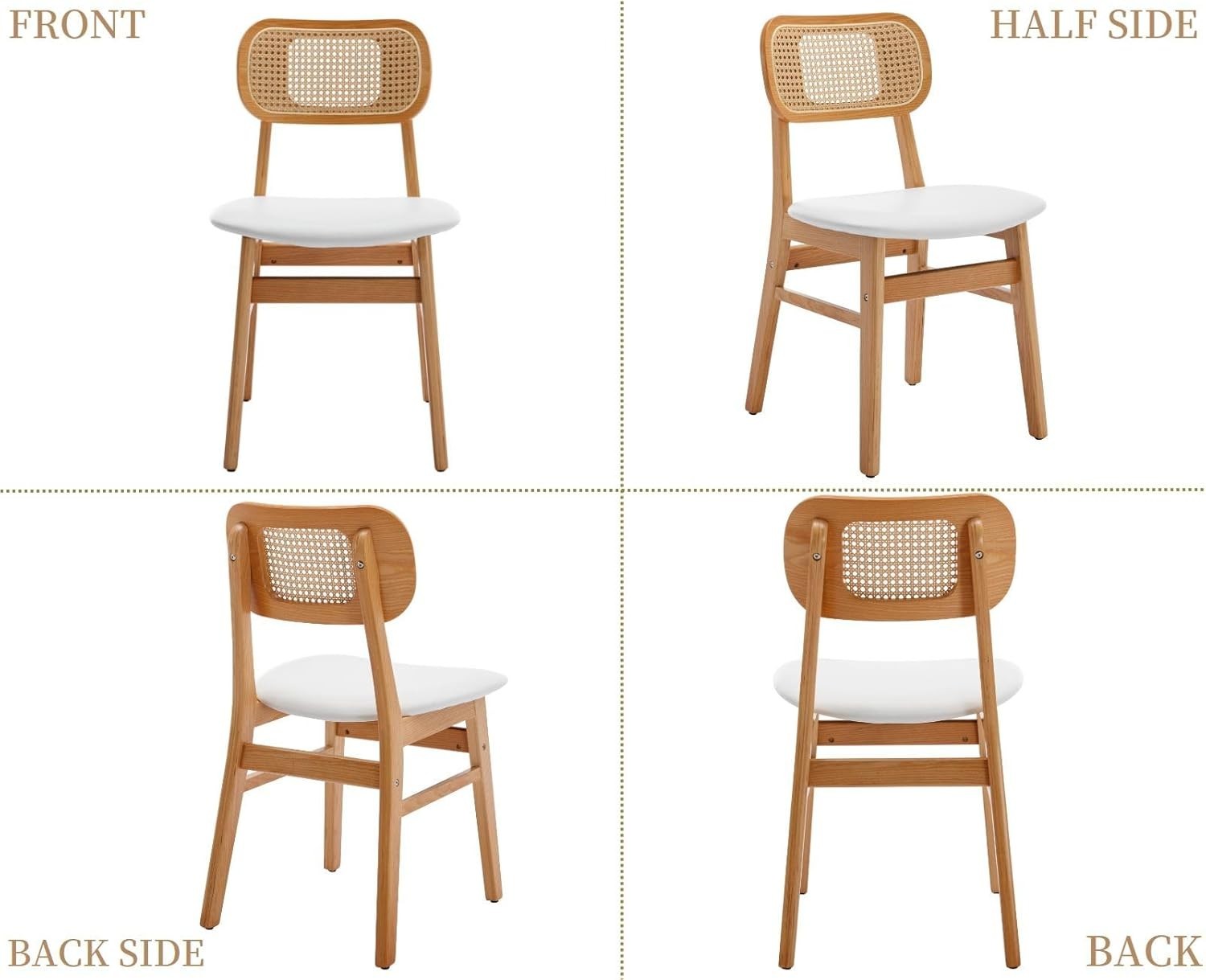 White Rattan Dining Chairs Set of 4 Upholstered Wooden Kitchen Chairs