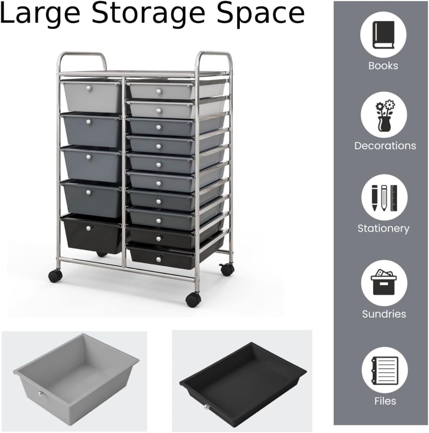 15 Drawer Rolling Storage Trolley Utility Organizer Cart Black Silver