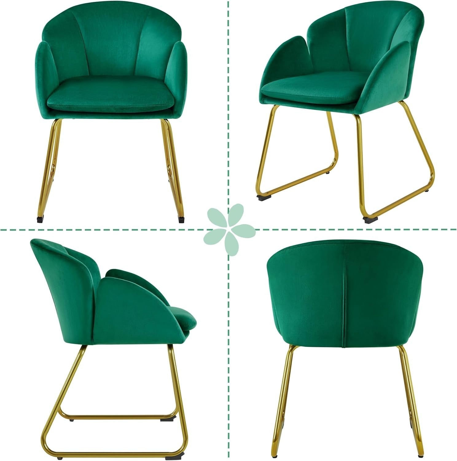 Green Velvet Tub Vanity Chair Petal Accent Armchair with Gold Metal Legs