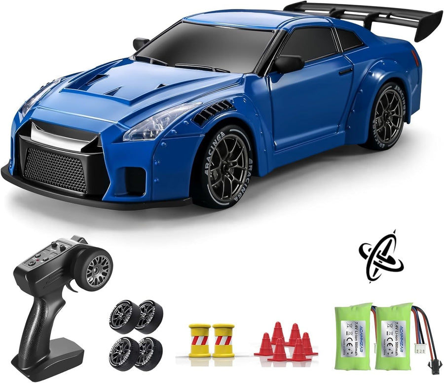 1:24 4WD RC Drift Car 25KM/H Gyro + Lights 2 Batteries & Extra Tires Blue