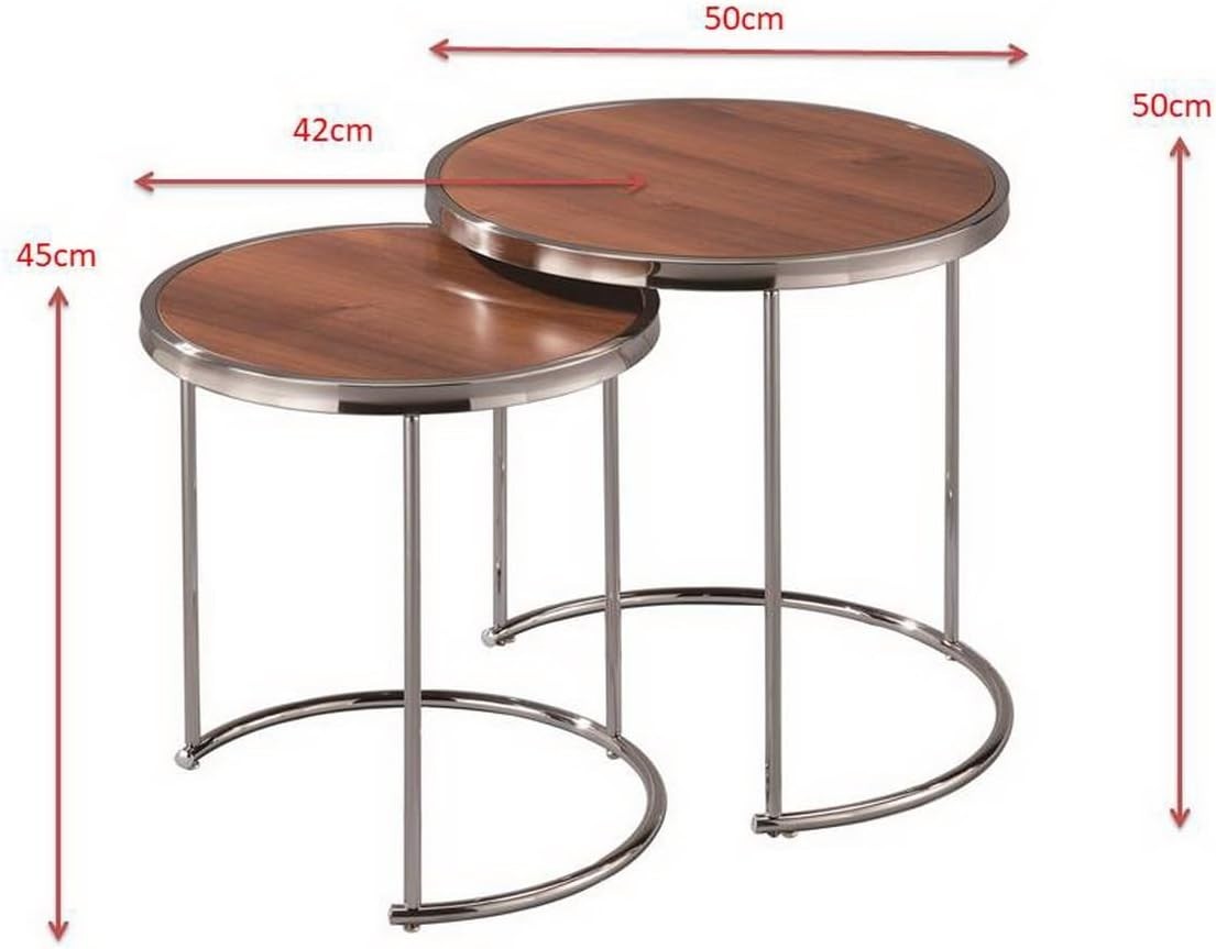 2pc Round Nesting Coffee Table Set Wood Top Chrome Metal Base Modern Living Room
