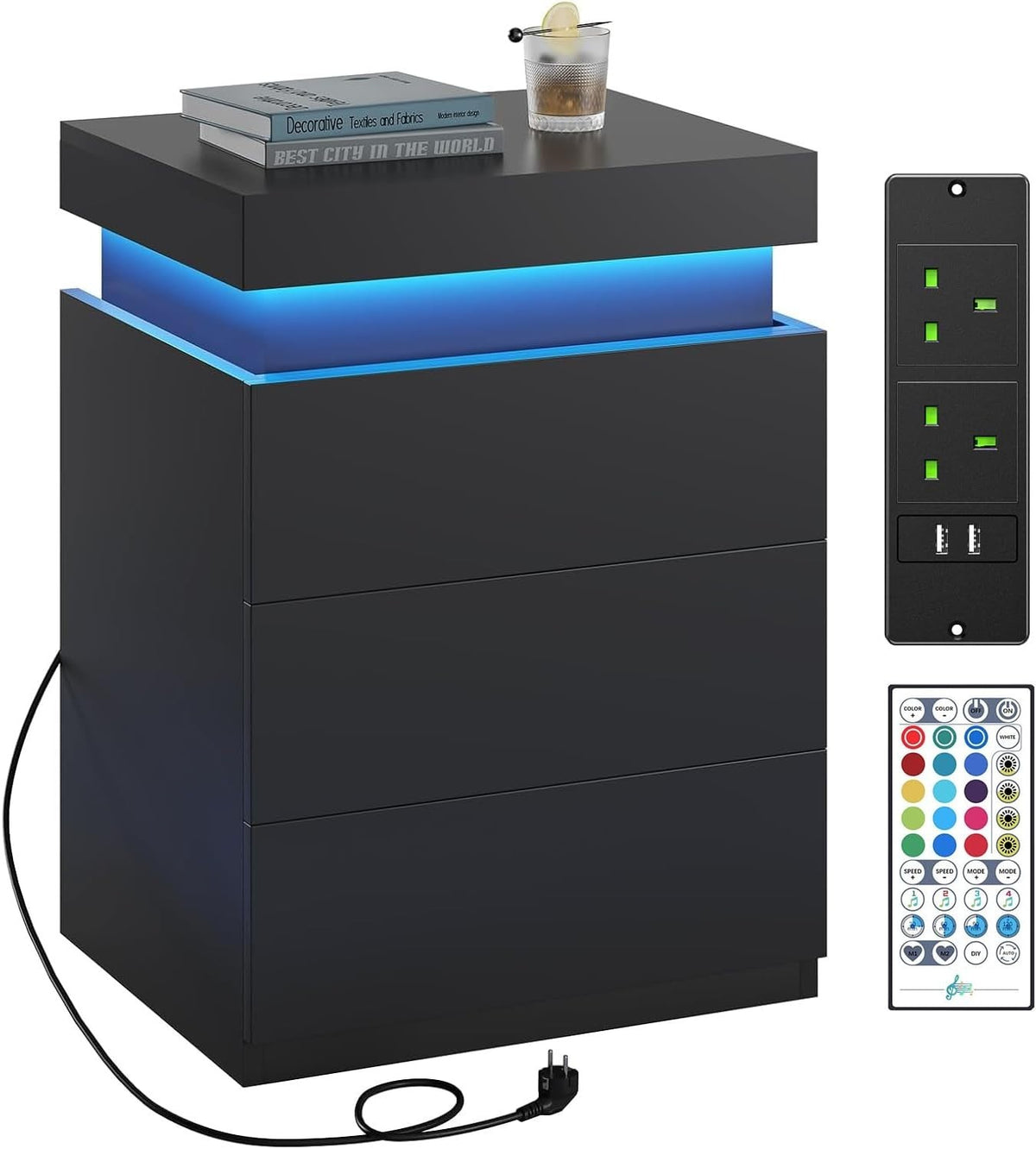 Modern LED Bedside Table with USB Charging, 3 Drawers, Hidden Storage