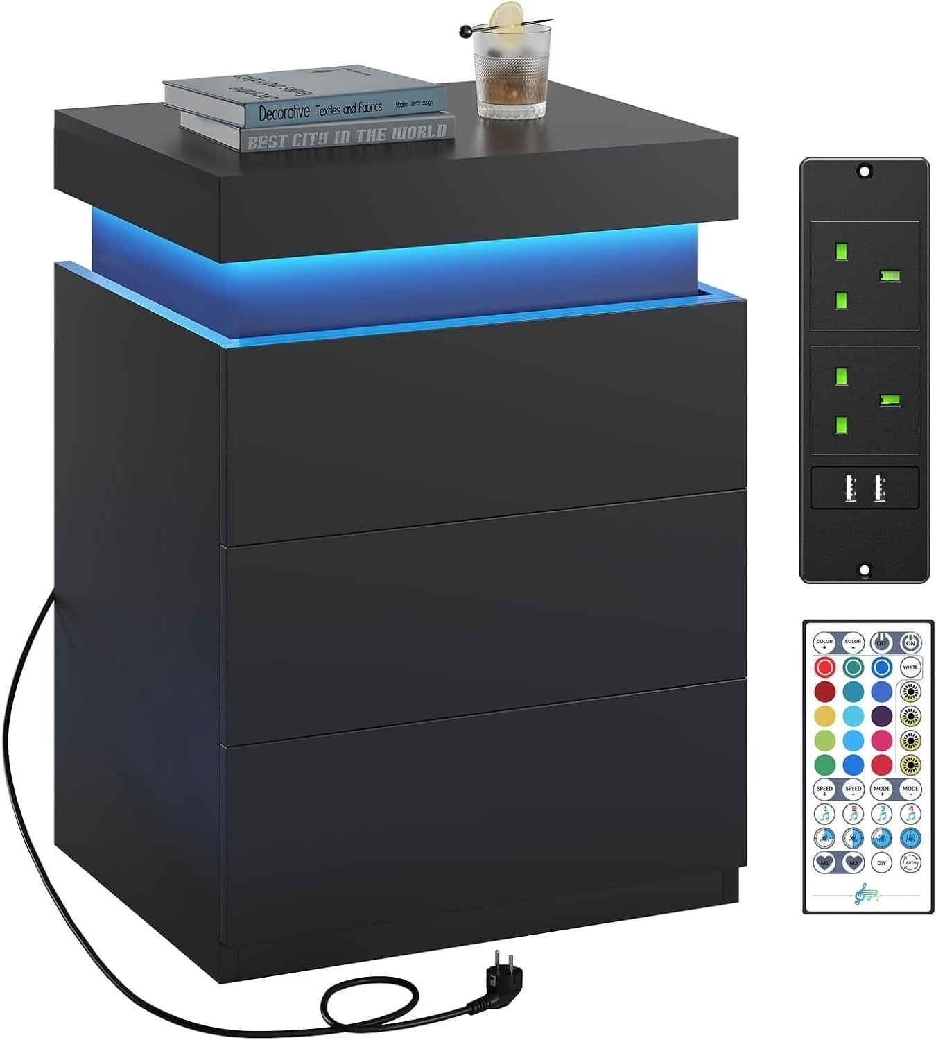 Modern LED Bedside Table with USB Charging, 3 Drawers, Hidden Storage