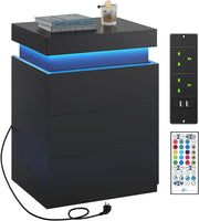 Modern LED Bedside Table with USB Charging, 3 Drawers, Hidden Storage