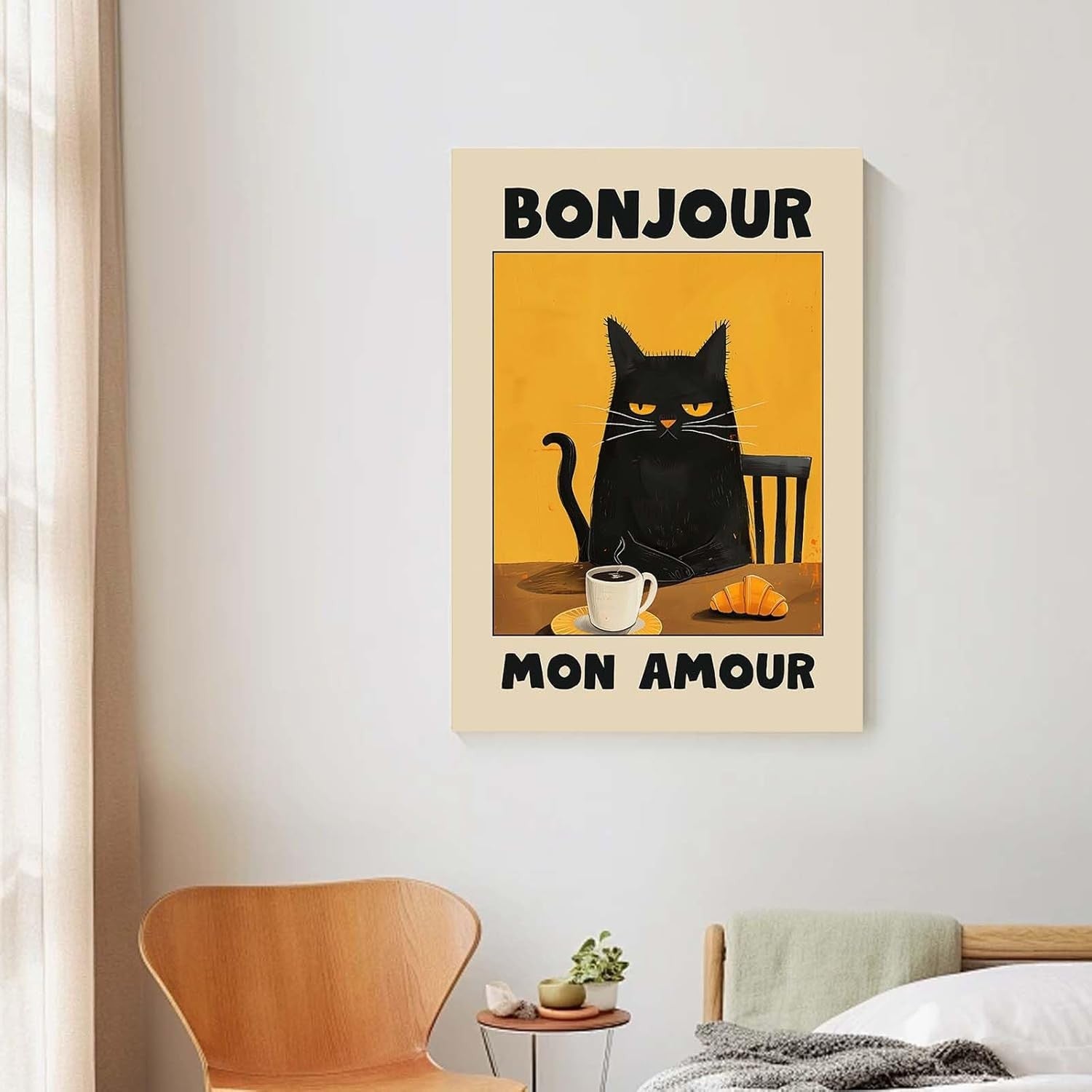Bonjour Cat Canvas Wall Art 12x16 Framed Funny Kitchen Print
