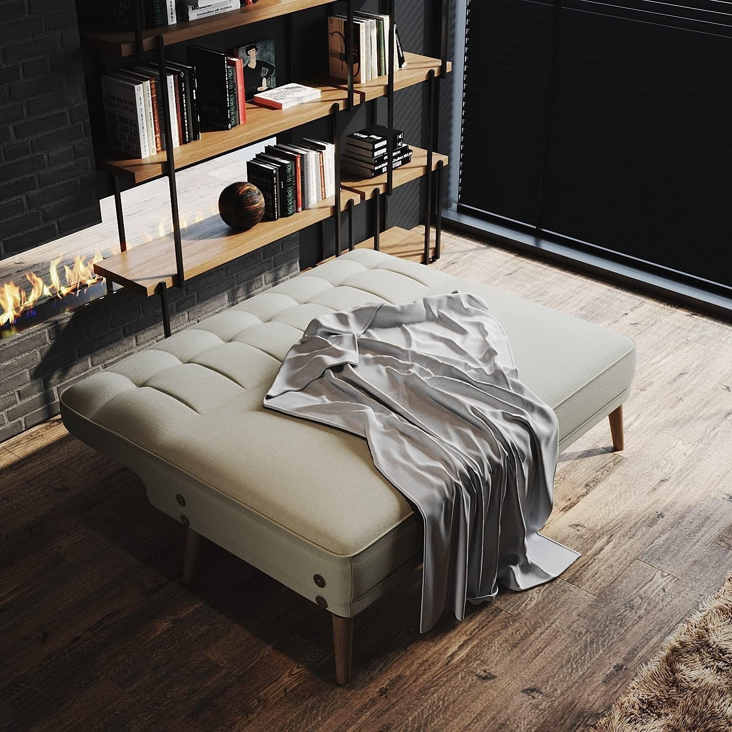 Cream 3 Seater Sofa Bed Linen Fabric Guest Couch w/ Arms for Lounge or Flat