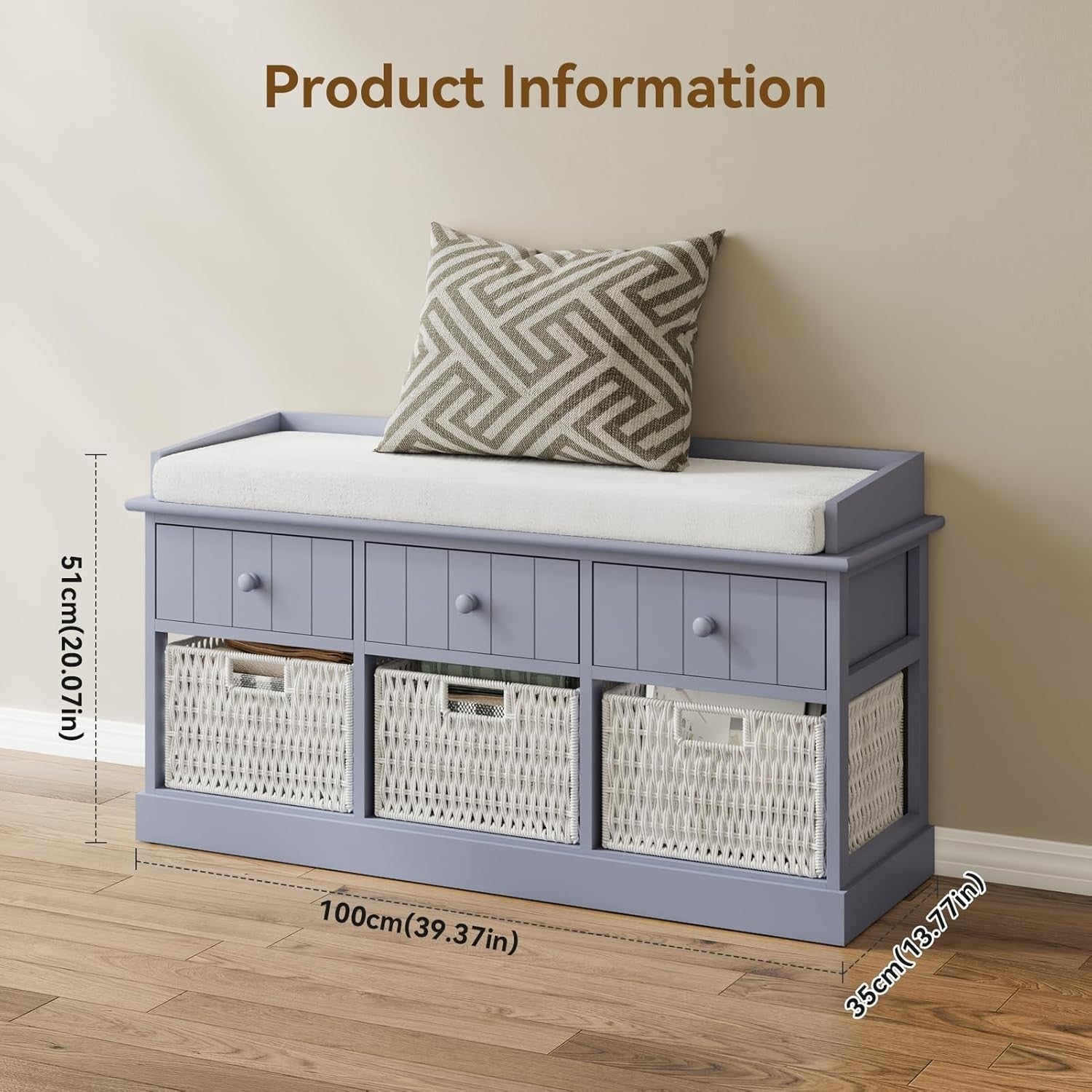 Blue-Grey Hallway Storage Bench with 3 Drawers & Wicker Baskets 100x30x50cm