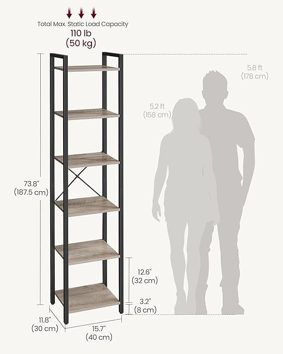 6-Tier Industrial Bookshelf Slim Greige Metal Wood Tall Storage Unit