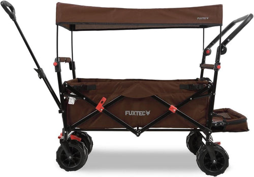 Brown Beach Wagon Foldable Cart w/ Roof Extra-Wide Wheels Push Handle & Brake