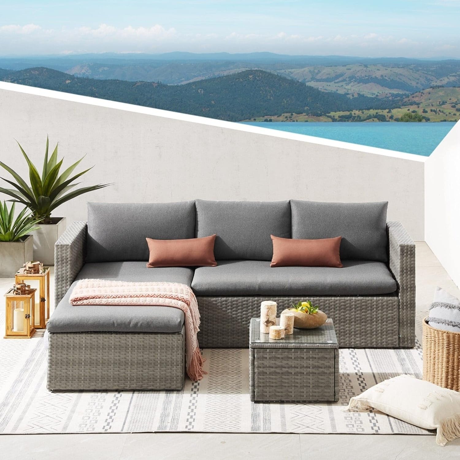 5-Piece Rattan Outdoor Garden Sofa Set with Cushions & Glass Coffee Table