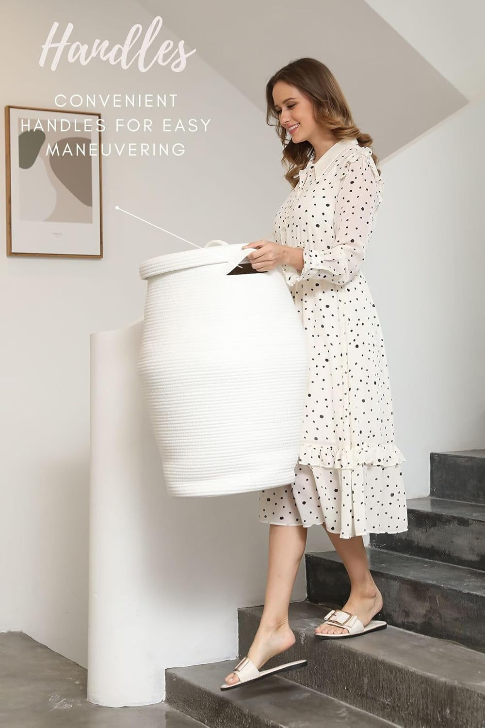XL 26" White Cotton Rope Laundry Basket with Lid Large Woven Hamper Storage Bin